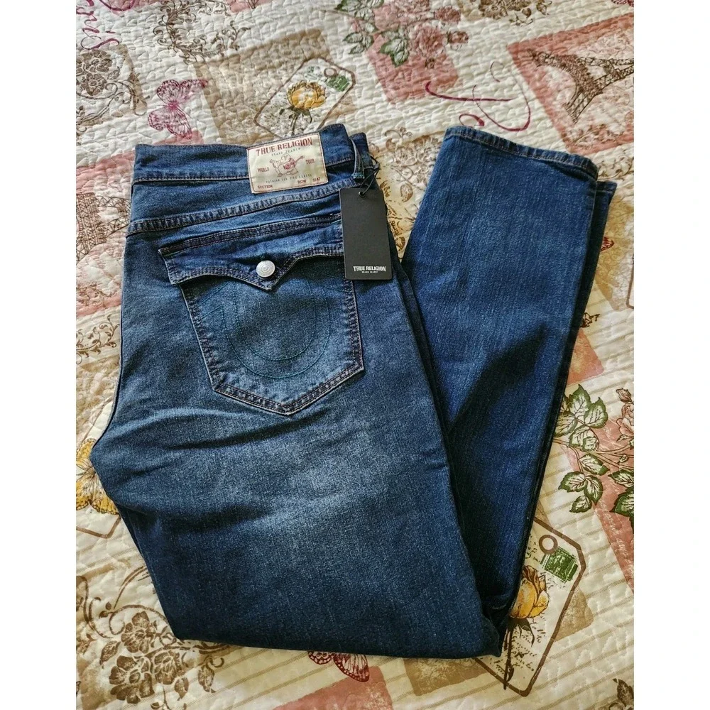 True Religion Men's Rocco Relaxed Skinny Blue Jeans Pants‎ Flap Pockets 40×32